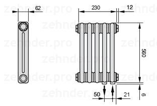 Схема (чертеж) Радиатор Zehnder Charleston 2056/5 №5510 Белый глянцевый RAL 9016